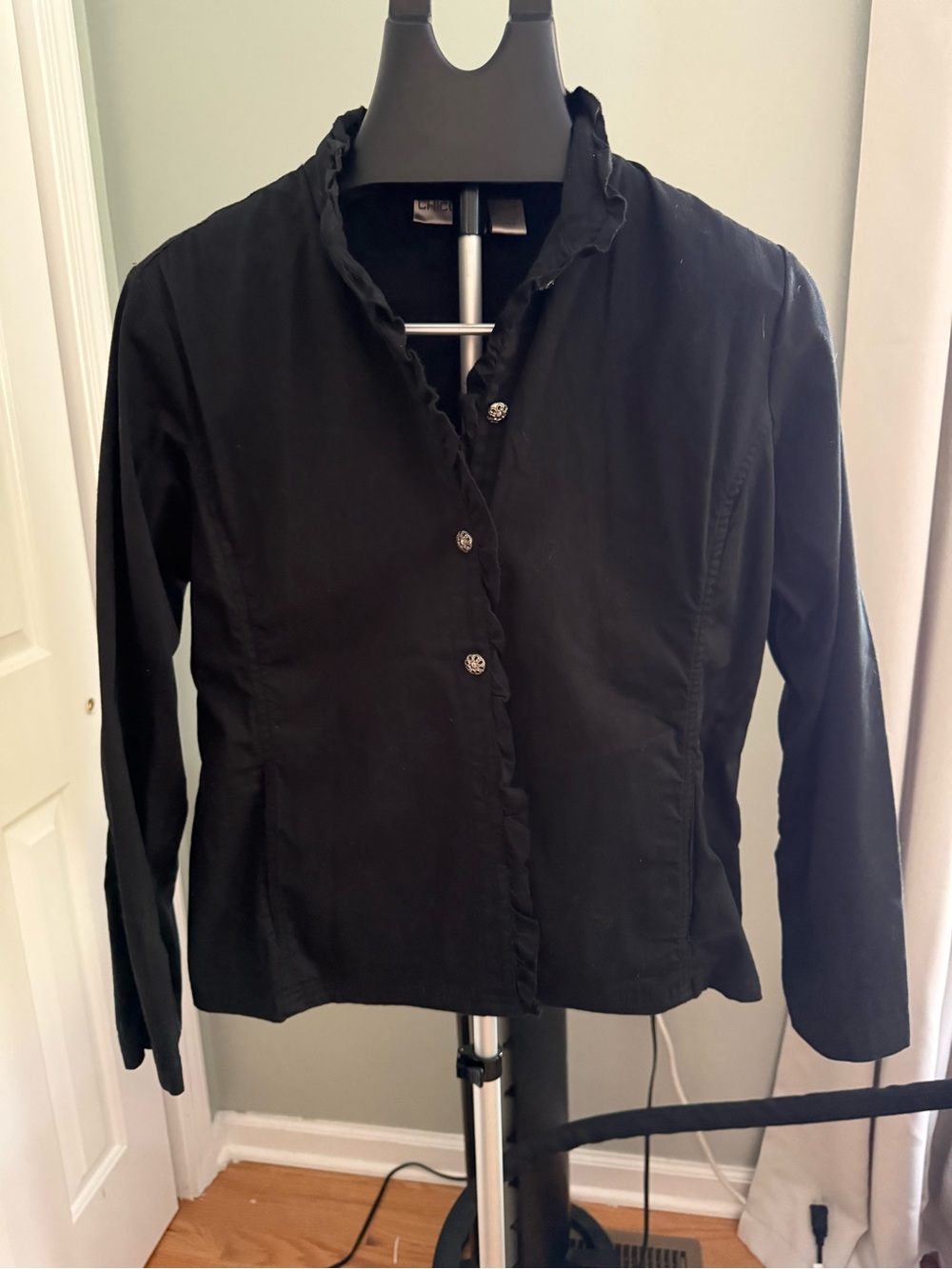 Chicos Black‎ Ruffle Trim Button Front Stretch Jacket Size S Cottagecore Grunge